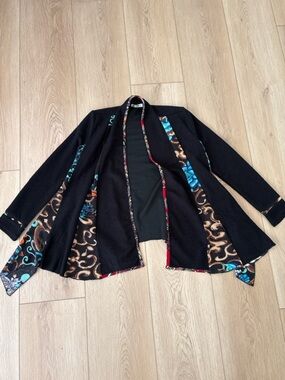 Adore Open Front Cardigan Jacket Womens M Black Textured Knit Floral Trim Boho